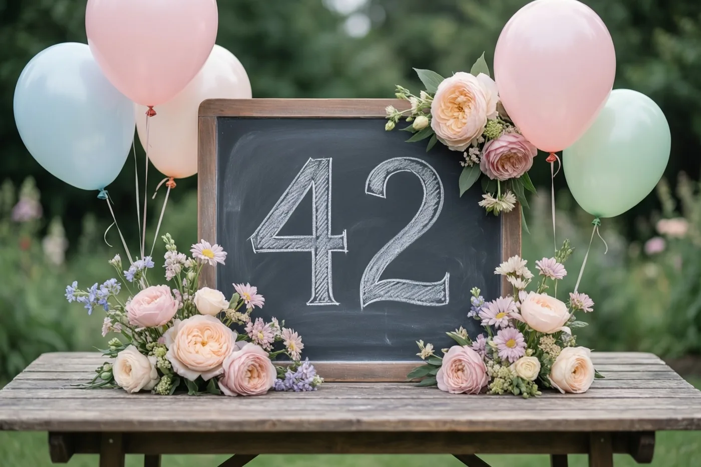 Een krijtbord met 42 in wit krijt staat op een houten tuintafel tussen pastelballonnen en bloemstukken tegen een zachte tuinachtergrond.