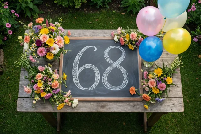 Een krijtbord met 68 in wit krijt staat op een houten tuintafel tussen kleurrijke boeketten en ballonnen, buiten op het groene gras.