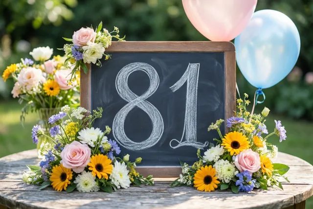 Een krijtbord met 81 in wit krijt staat op een houten tuintafel tussen kleurrijke boeketten en twee ballonnen.