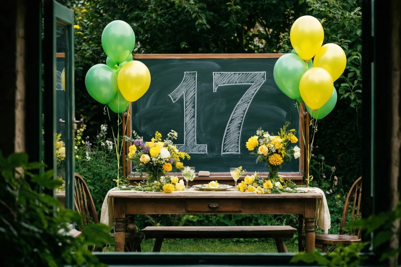 Door een raamkozijn is een tuintafel met een krijtbord met 17 te zien, omringd door gele en groene ballonnen en bloemstukken.