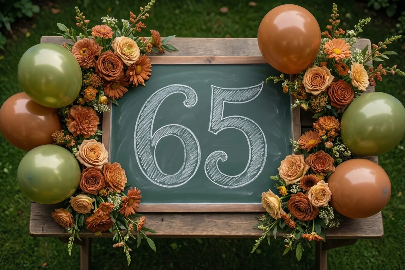 Een krijtbord met 65 in wit krijt staat op een houten tuintafel tussen herfstbloemen en ballonnen, buiten op groen gras in warme aardetinten.