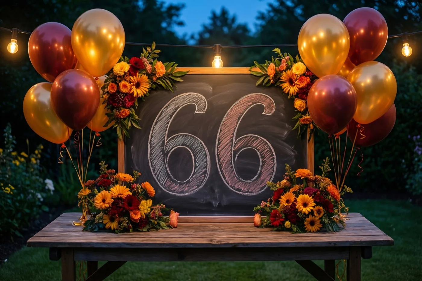 Een krijtbord met het sierlijk geschreven getal 66 staat op een houten tuintafel tussen herfstbloemen en rode en gouden ballonnen, met lichtslingers in de schemering.