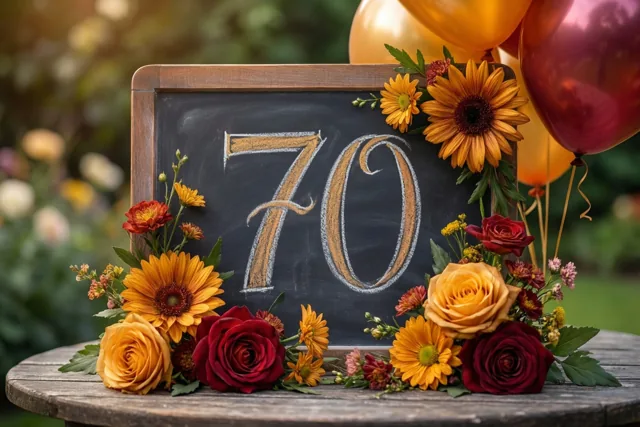 Een krijtbord met 70 in goudkleurig en wit krijt staat tussen herfstbloemen en ballonnen op een houten tuintafel tegen een wazige groene achtergrond.