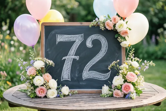 Een krijtbord met 72 in wit krijt staat op een houten tuintafel, omringd door bloemstukken en kleurrijke ballonnen in een groene tuin.
