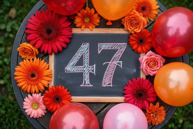 Een krijtbord met 47 staat op een houten tuintafel tussen rode, oranje en roze bloemen en ballonnen, met groen op de achtergrond.