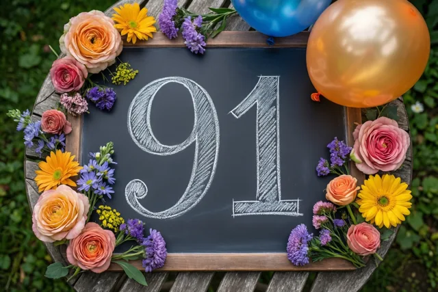 Een krijtbord met 91 in wit krijt staat tussen kleurrijke bloemen en ballonnen op een houten tuintafel, met vooral oranje, gele en paarse tinten.