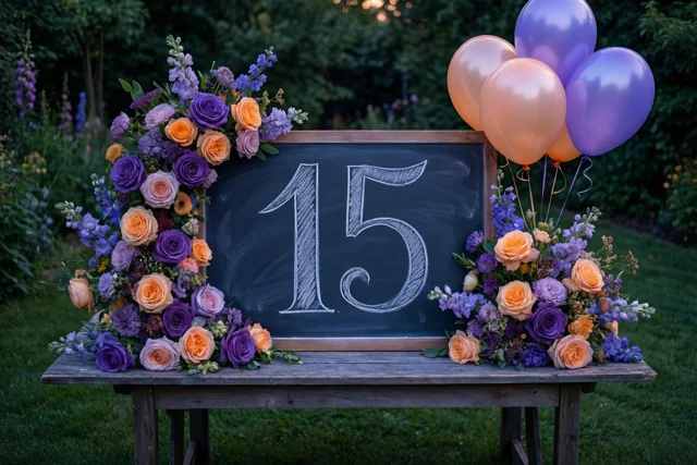 Een krijtbord met 15 in sierlijk wit krijt staat op een houten tuintafel tussen paarse en oranje bloemen en paarse en perzikkleurige ballonnen bij schemering.
