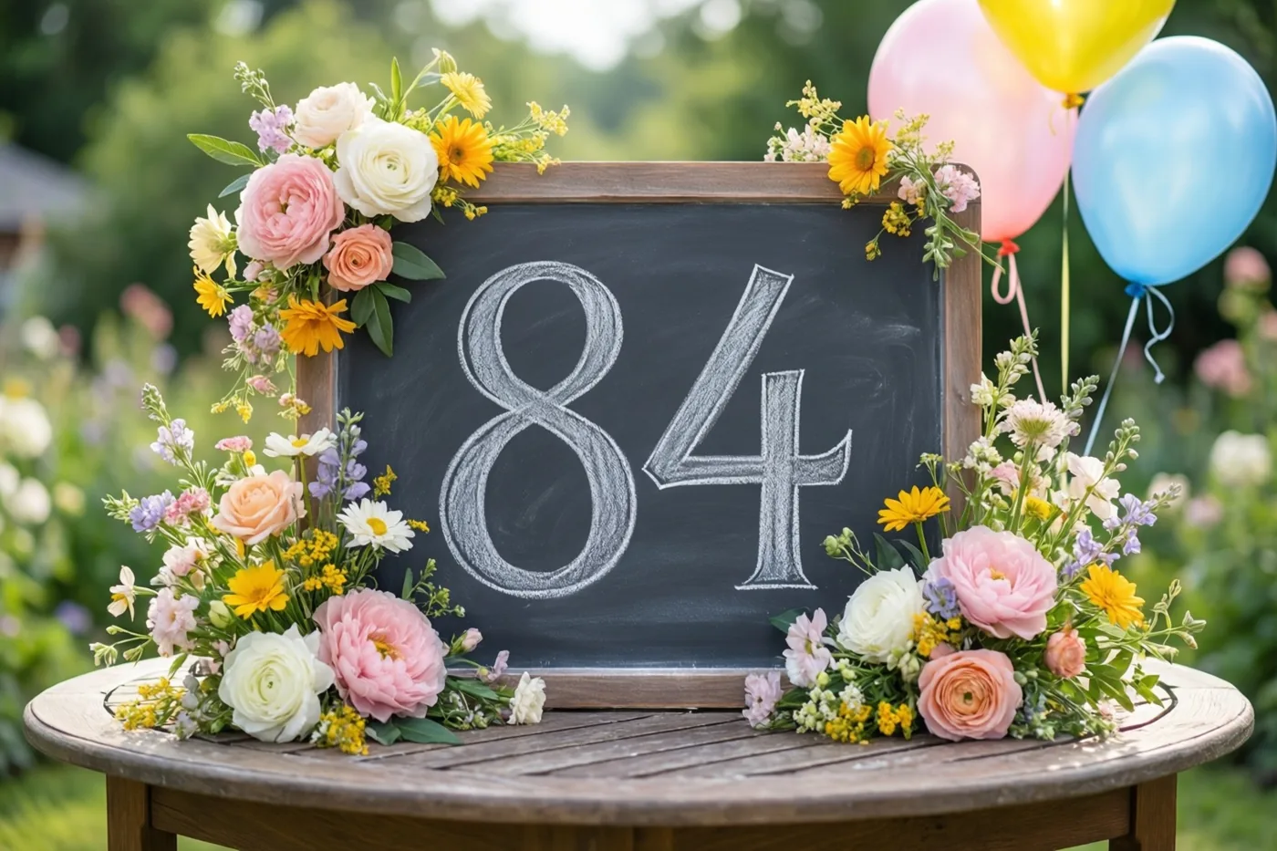 Een krijtbord met 84 in wit krijt staat op een houten tuintafel tussen kleurrijke bloemstukken en ballonnen, met een zachte tuinachtergrond.