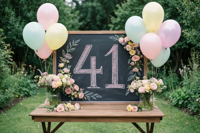 Een krijtbord met handgeschreven 41 staat op een houten tuintafel tussen pastelballonnen en bloemstukken in een groene tuin.