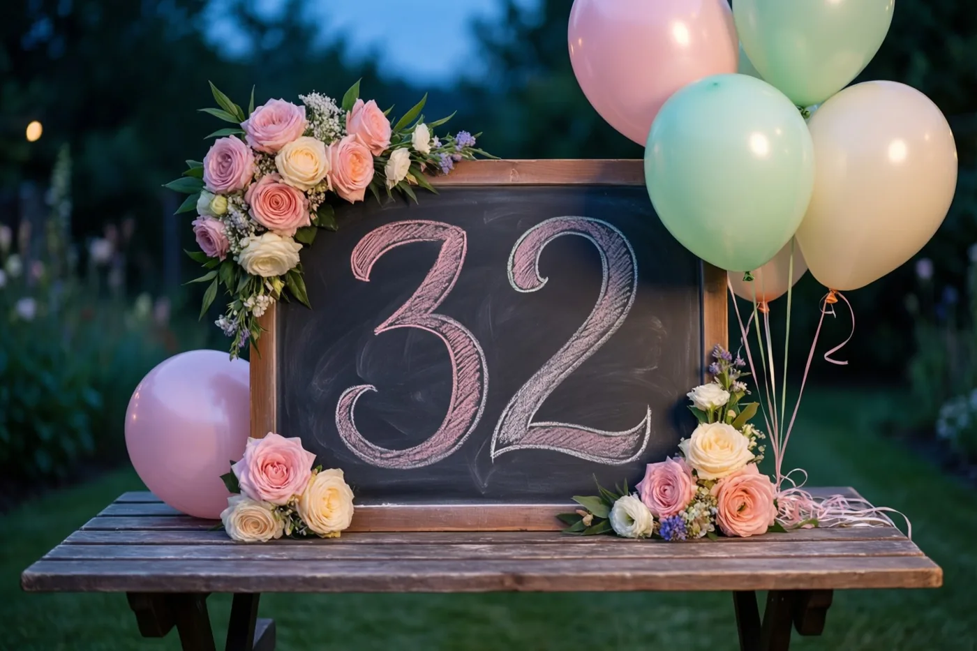 Een krijtbord met 32 in roze krijt staat bij schemering op een houten tuintafel tussen bloemstukken en roze, roomkleurige en mintgroene ballonnen.