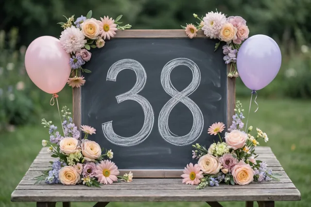 Een krijtbord met 38 in wit krijt staat op een houten tuintafel tussen pastelkleurige bloemen en ballonnen, tegen een onscherpe groene tuinachtergrond.