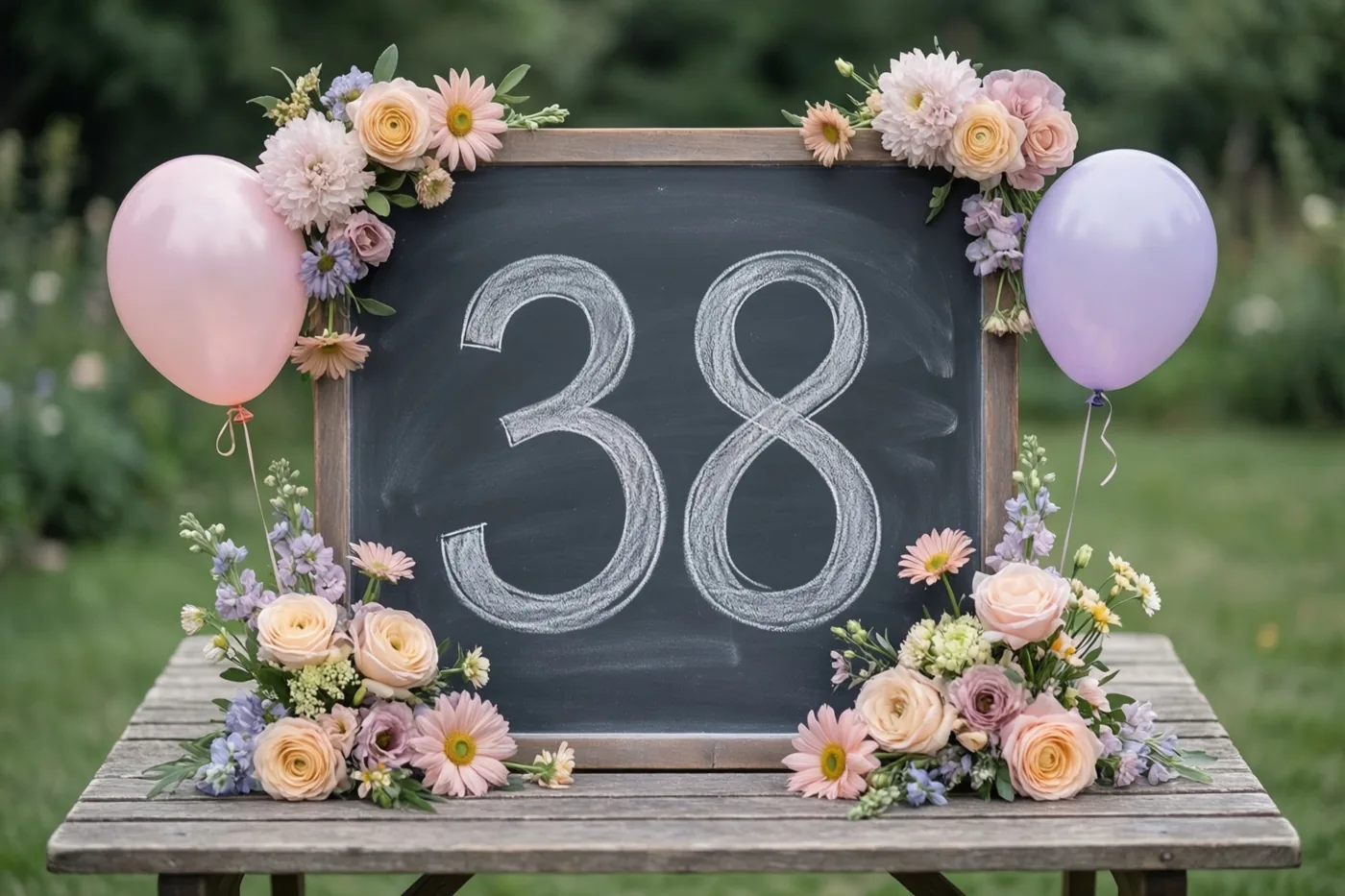 Een krijtbord met 38 in wit krijt staat op een houten tuintafel tussen pastelkleurige bloemen en ballonnen, tegen een onscherpe groene tuinachtergrond.
