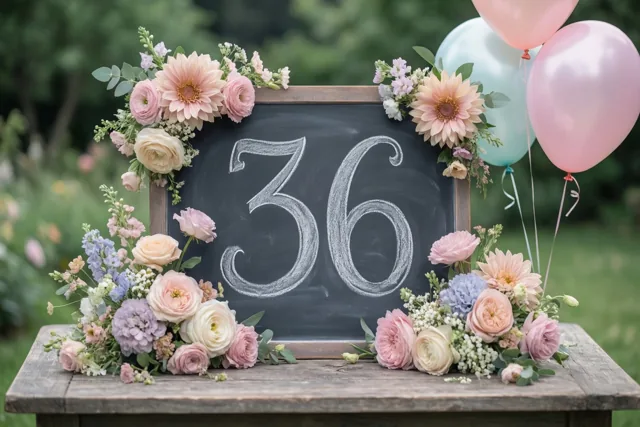 Een krijtbord met 36 in wit krijt staat op een houten tuintafel tussen pastelkleurige bloemen en ballonnen.