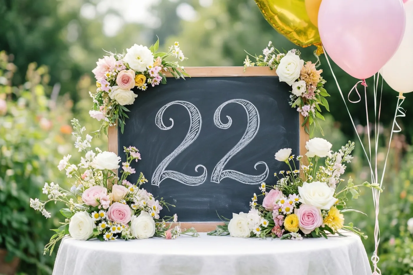 Een krijtbord met 22 in wit krijt staat tussen roze, witte en gele bloemstukken op een tuintafel met een wit tafelkleed, met ballonnen achteraan.