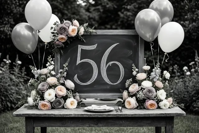 Een krijtbord met 56 in wit krijt staat op een houten tuintafel tussen bloemstukken en ballonnen, in een overwegend monochroom beeld met pastelbloemen.