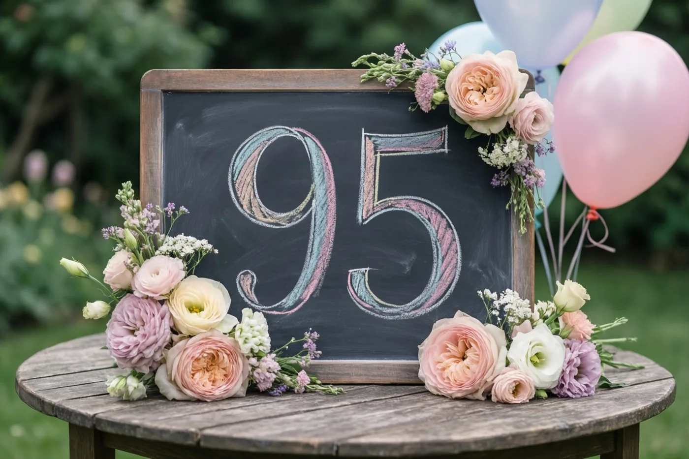 Een krijtbord met 95 in gekleurd krijt staat op een houten tuintafel tussen pastelkleurige bloemen en ballonnen in een tuin.