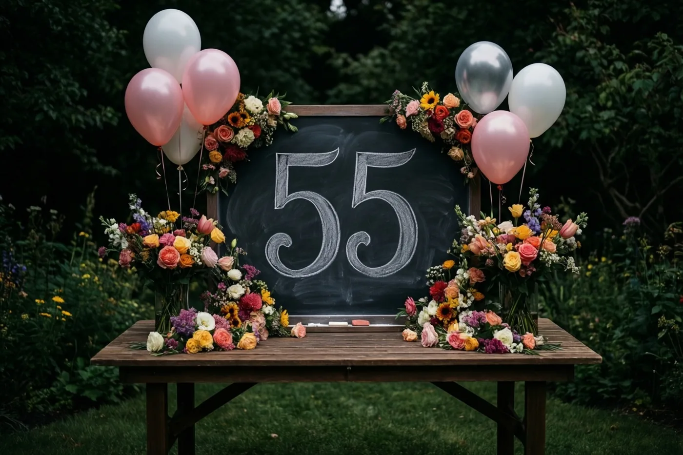 Een krijtbord met 55 in sierlijk wit krijt staat op een houten tuintafel tussen kleurrijke bloemstukken en roze en zilveren ballonnen in een groene tuin.