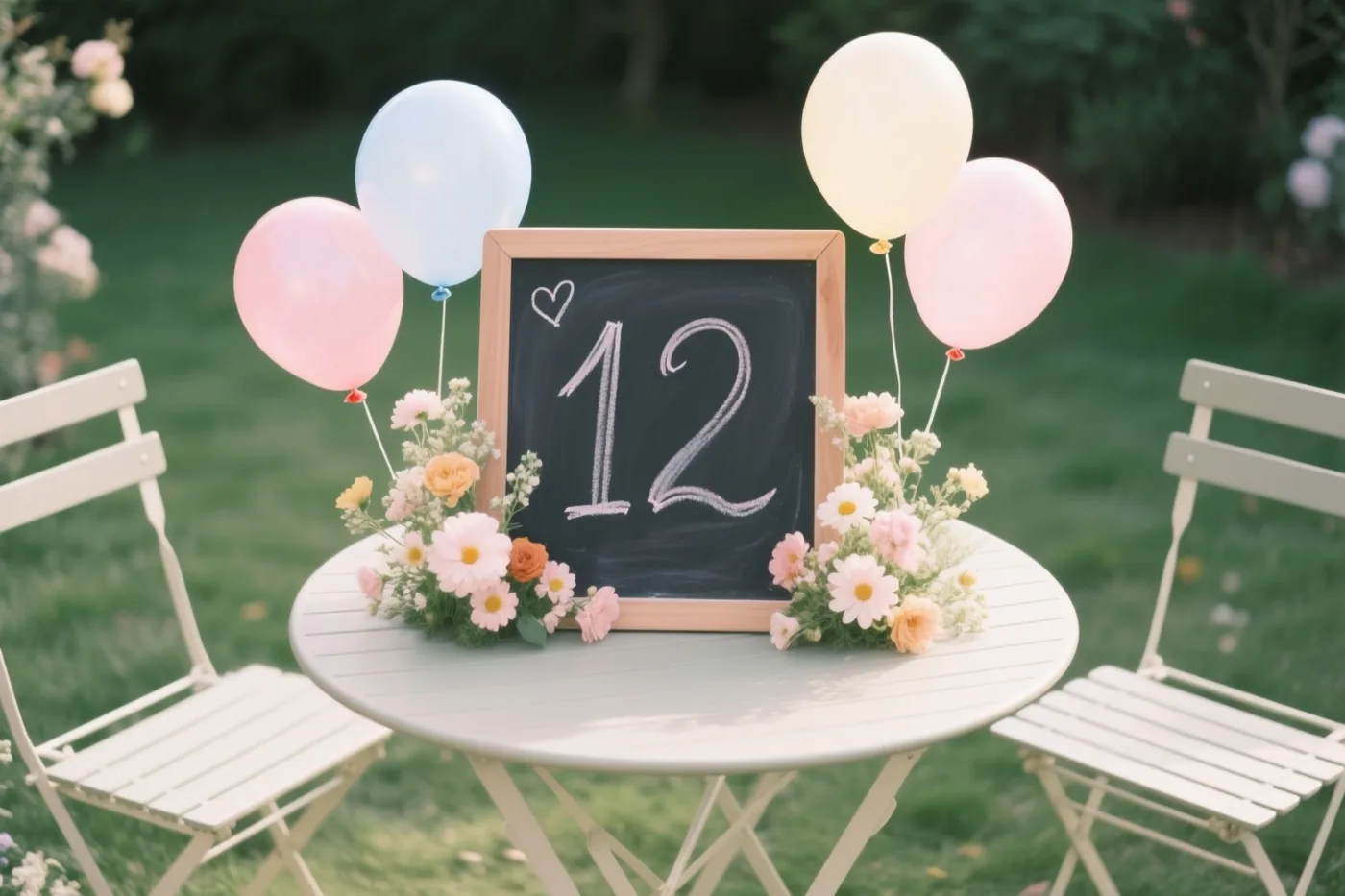 Een krijtbord met het getal 12 staat op een witte tuintafel tussen roze en blauwe ballonnen en bloemstukken, met twee witte stoelen op een grasveld.