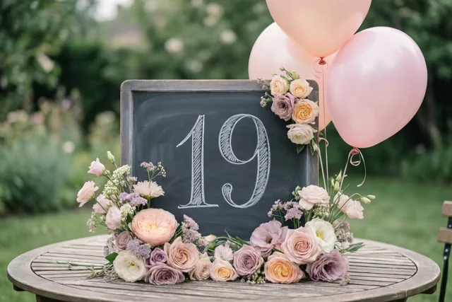 Een krijtbord met 19 in wit krijt staat op een houten tuintafel tussen roze en paarse bloemen en roze ballonnen.