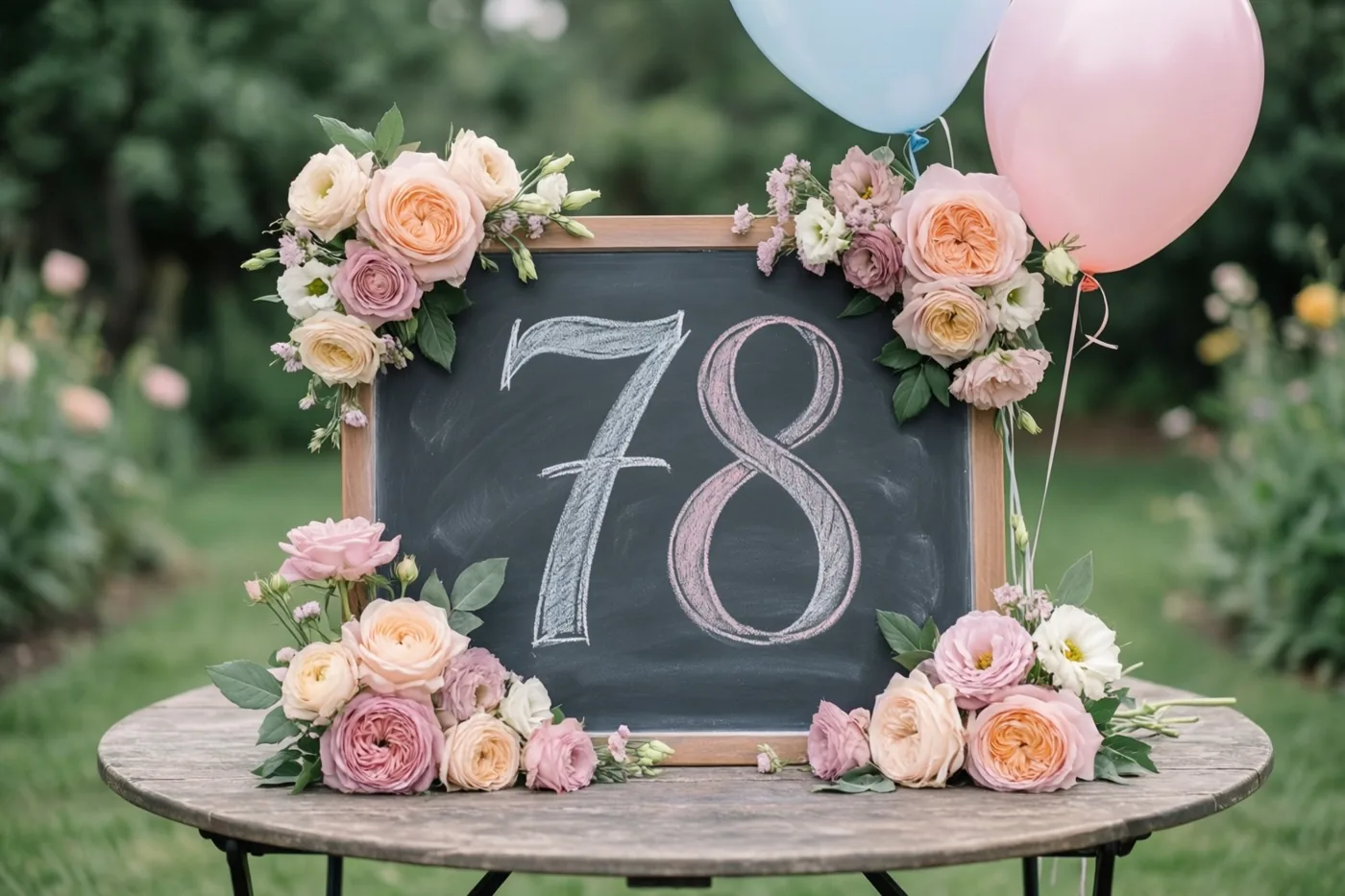 Een krijtbord met 78 staat op een houten tuintafel tussen roze en perzikkleurige rozen en ballonnen, met onscherp groen op de achtergrond.