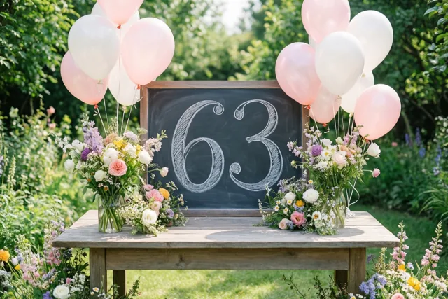Een krijtbord met 63 in wit krijt staat op een houten tuintafel tussen bloemen en roze en witte ballonnen in een zonnige groene tuin.