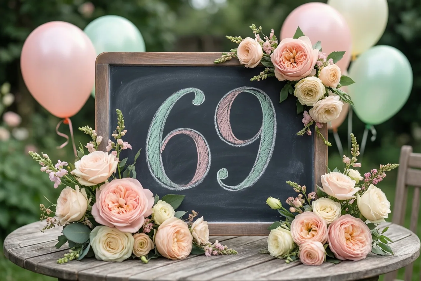 Een krijtbord met 69 in pastelkrijt staat tussen roze en crèmekleurige rozen op een houten tuintafel, omringd door pastelballonnen in zacht licht.