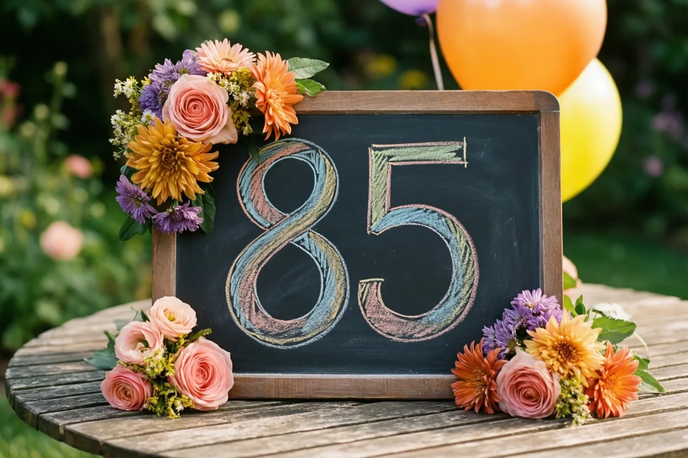 Een krijtbord met 85 in gekleurd krijt staat op een houten tuintafel tussen verse bloemen en ballonnen, met een zachte tuinachtergrond.