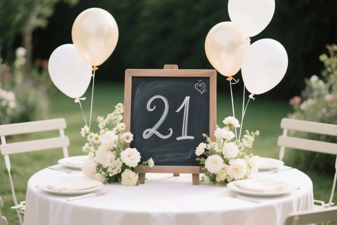 Een klein krijtbord met 21 in wit krijt staat op een tuintafel met een wit kleed, omringd door witte bloemen, ballonnen en groen.