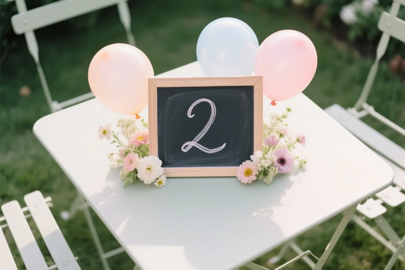 Een klein krijtbord met een handgeschreven 2 staat op een witte tuintafel tussen roze en witte bloemen en drie pastelballonnen, met witte klapstoelen op het gras.