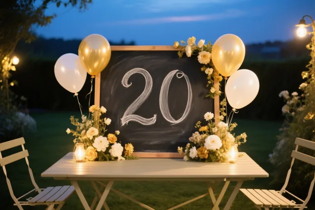 Een krijtbord met 20 in wit krijt staat op een tuintafel tussen bloemstukken en ballonnen, met warme lichtslingers en kaarsjes in de schemering.