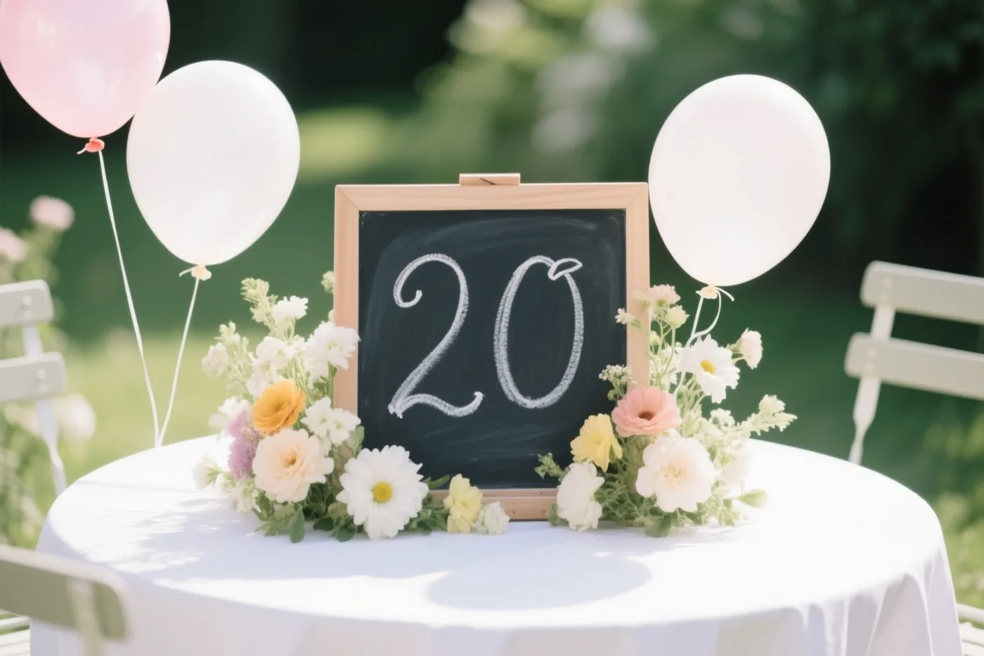 Een klein krijtbord met 20 in wit krijt staat op een wit gedekte tuintafel tussen verse bloemen en ballonnen, met groen op de achtergrond in de zon.