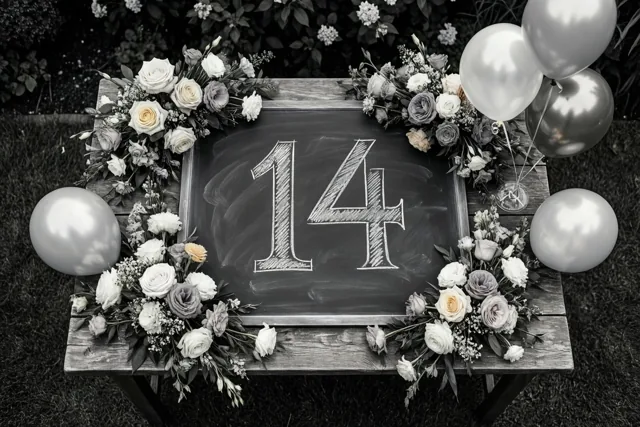 Een krijtbord met 14 in wit krijt staat op een houten tuintafel tussen bloemstukken en zilveren ballonnen, weergegeven in zwart-wit.