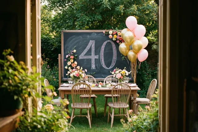 Door een open deuropening is een tuintafel te zien met een krijtbord waarop 40 staat, omringd door bloemen en ballonnen met groen op de achtergrond.