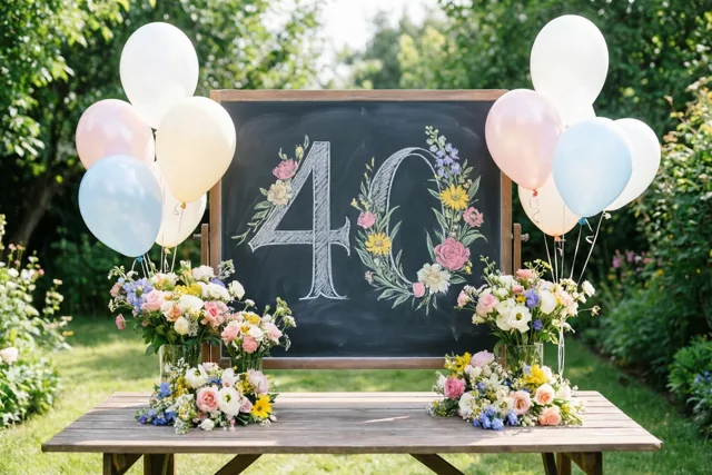 Een krijtbord met 40 en bloemtekeningen staat op een houten tuintafel tussen boeketten en pastelballonnen in een zonnige groene tuin.