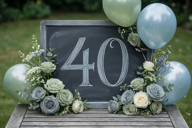 Een krijtbord met 40 in wit krijt staat op een houten tuintafel bij groene en blauwe ballonnen en een bloemstuk met rozen en gipskruid.