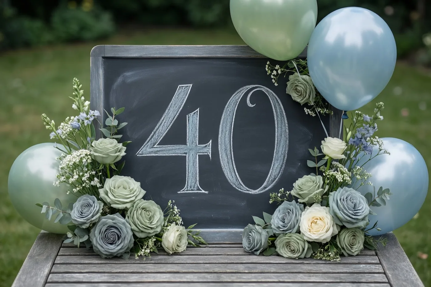Een krijtbord met 40 in wit krijt staat op een houten tuintafel bij groene en blauwe ballonnen en een bloemstuk met rozen en gipskruid.