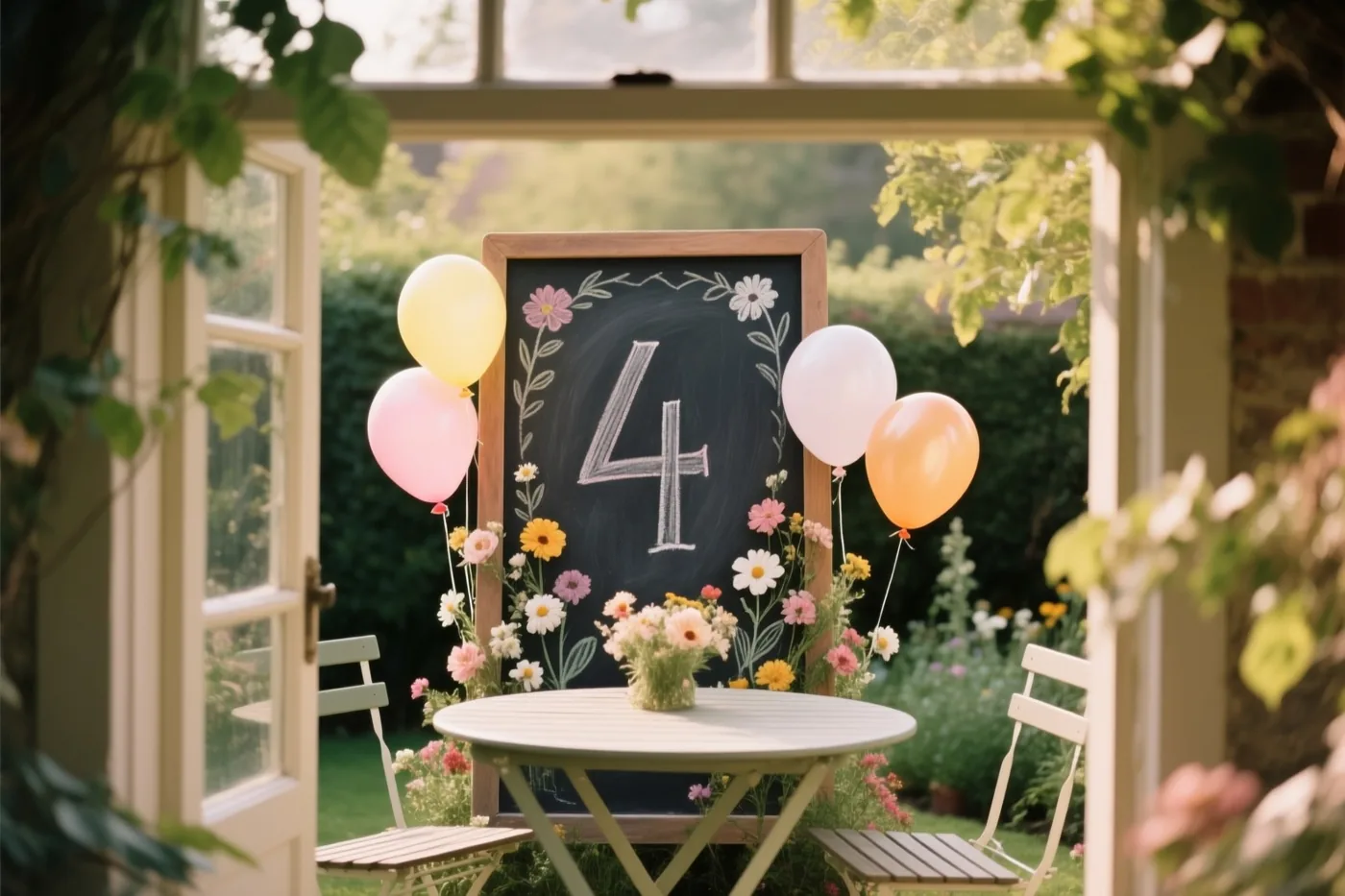 Door een open deuropening is een krijtbord met het cijfer 4 en getekende bloemen te zien op een tuintafel tussen kleurrijke ballonnen in de zon.