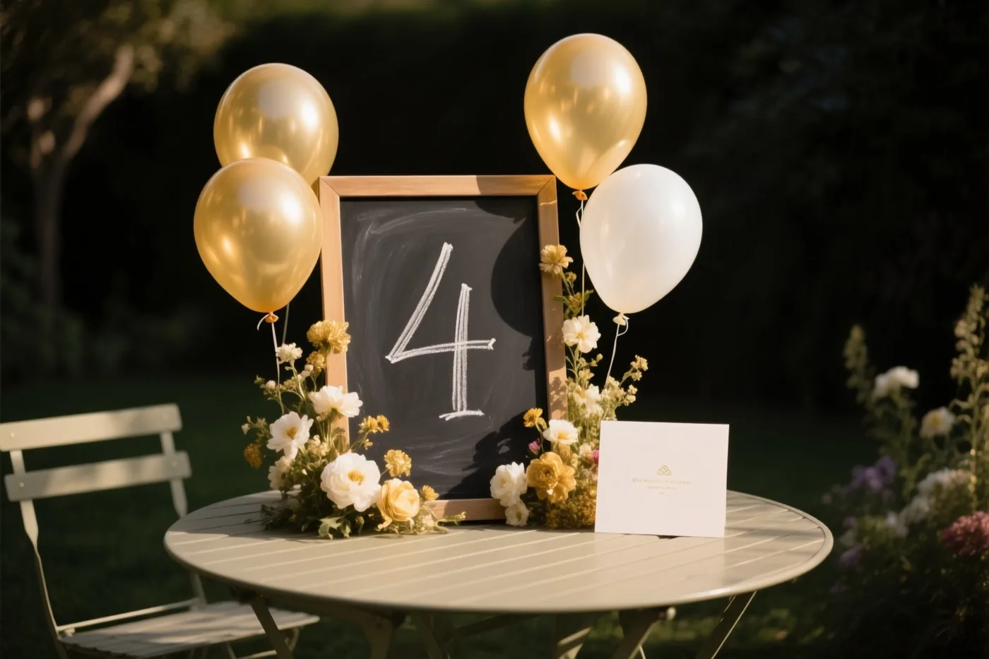 Een krijtbord met het cijfer 4 staat op een tuintafel tussen gouden en witte ballonnen en bloemstukken in zacht zonlicht.
