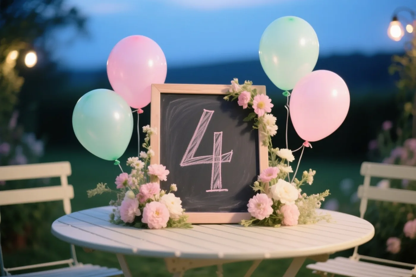 Een krijtbord met het cijfer 4 staat op een witte tuintafel tussen roze en mintgroene ballonnen en roze en witte bloemen in de schemering.