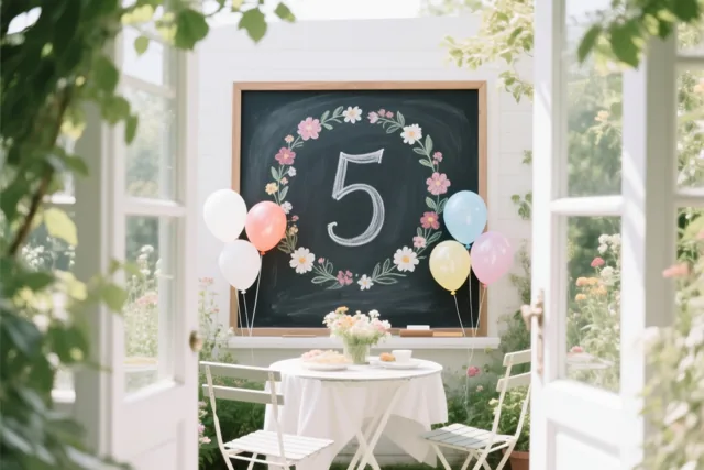 Een krijtbord met een handgeschreven 5 en een bloemenkrans staat bij ballonnen op een tuintafel met stoelen, gezien door open witte deuren met groen errond.