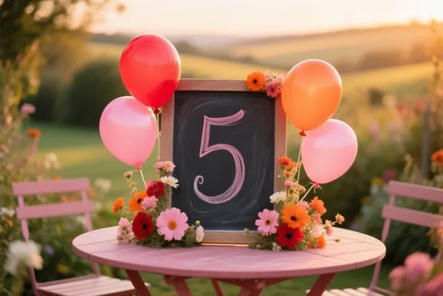 Een krijtbord met het cijfer 5 staat op een roze tuintafel tussen kleurrijke ballonnen en verse bloemen, met onscherpe heuvels achter de zonnige tuin.
