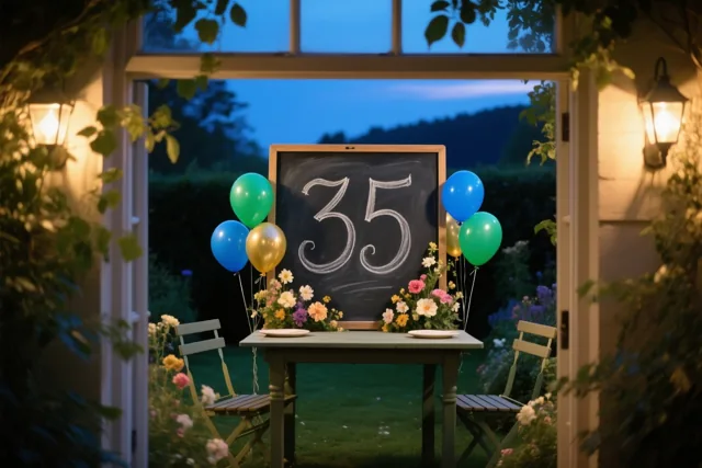 Door een open deuropening met warme lantaarns is een krijtbord met een sierlijke witte 35 op een tuintafel te zien, tussen kleurrijke ballonnen en verse bloemen bij schemering.
