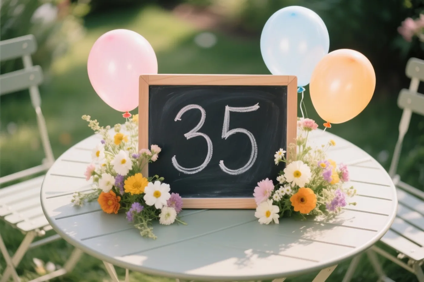 Een klein krijtbord met 35 in wit krijt staat op een lichtgroene tuintafel tussen kleurrijke veldbloemen en drie ballonnen, met stoelen in de zonnige tuin.