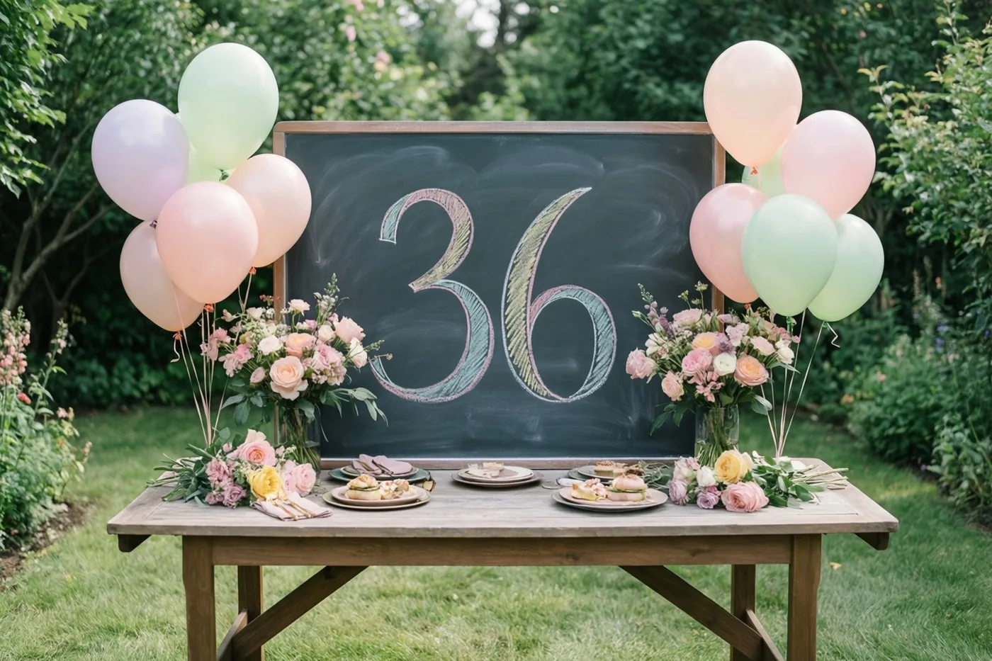 Achter een krijtbord met 36 staat een houten tuintafel met pastelballonnen, bloemstukken en borden met eten in een groene tuin.