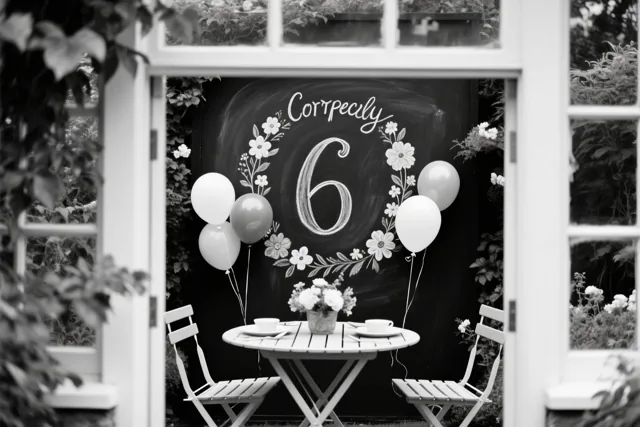 Een zwart-witfoto toont door een raam een tuintafel met een krijtbord waarop een grote 6 staat, bloemversieringen en ballonnen.