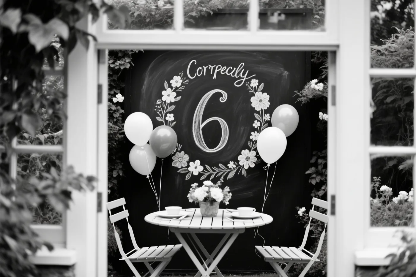 Een zwart-witfoto toont door een raam een tuintafel met een krijtbord waarop een grote 6 staat, bloemversieringen en ballonnen.