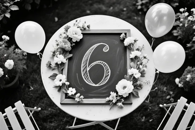 Op een zwart-witfoto staat een krijtbord met een handgeschreven 6 op een witte tuintafel tussen verse bloemen en drie witte ballonnen.