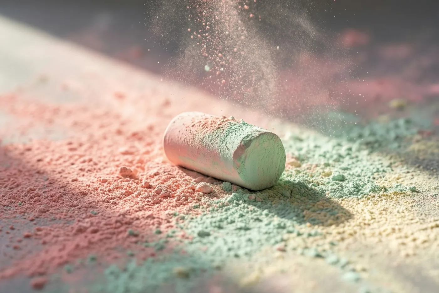 Een krijtje ligt op een oppervlak met roze en groen krijtstof, terwijl stofdeeltjes in een zonnestraal zweven.
