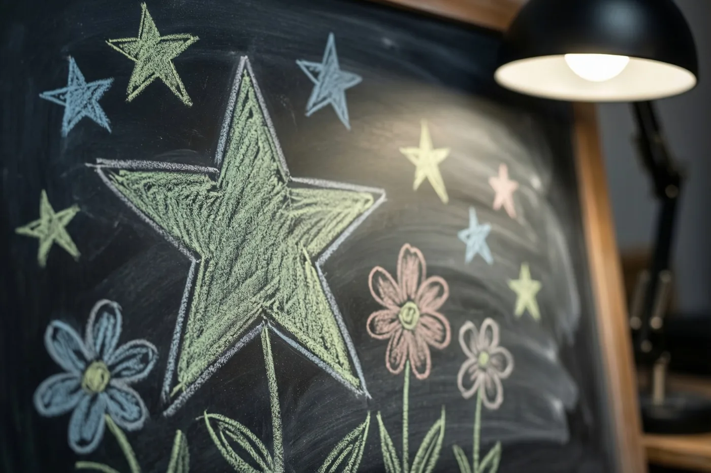 Een krijtbord met een houten kader en krijttekeningen van sterren en bloemen wordt van dichtbij getoond in het zachte licht van een bureaulamp.