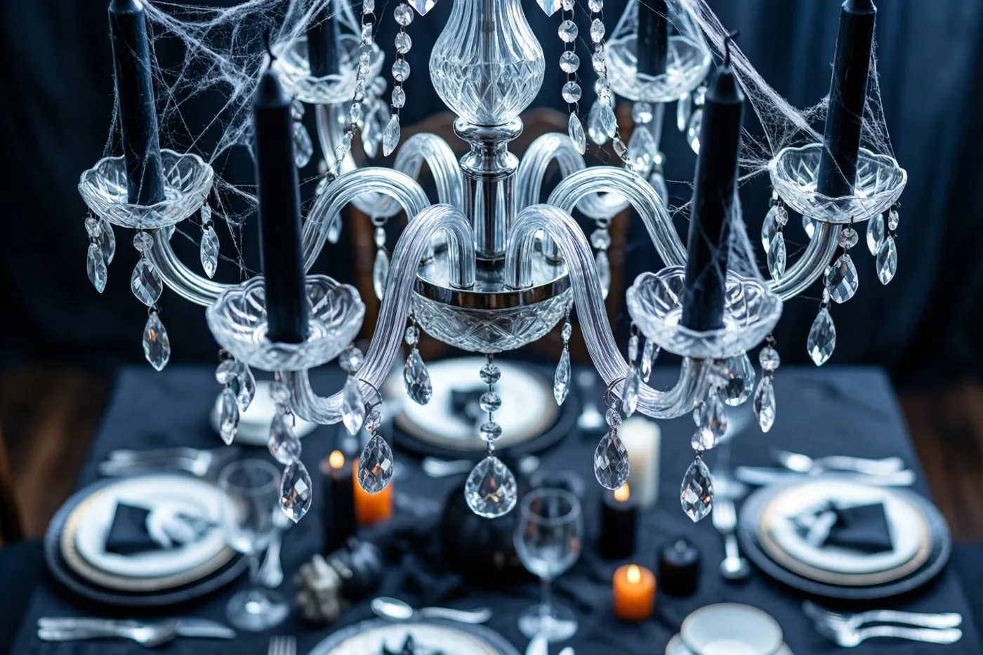 Een kristallen kroonluchter met zwarte kaarsen en gedrapeerde spinnenwebben hangt boven een formeel gedekte halloweentafel in zwart en wit.